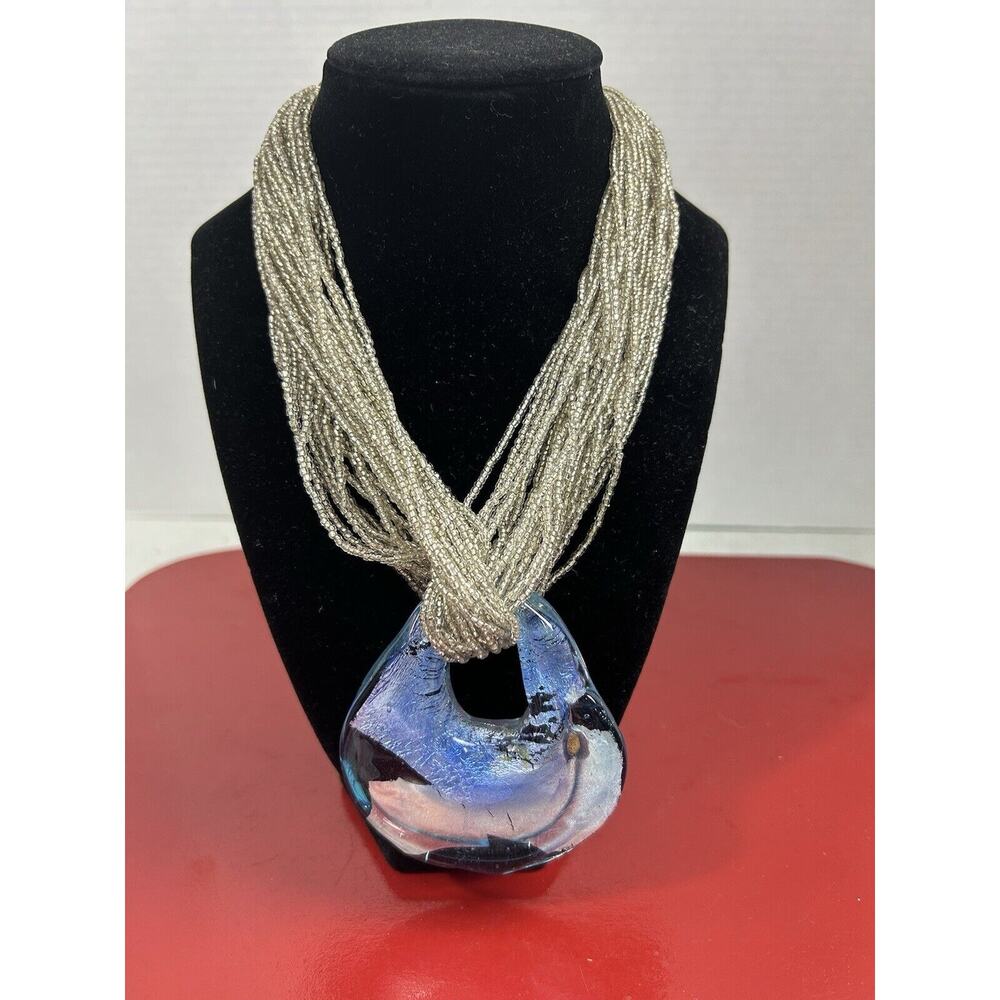 Seed Bead Multistrand Necklace Knot Clear Heavy Chunk Teardrop Pendant Statement
